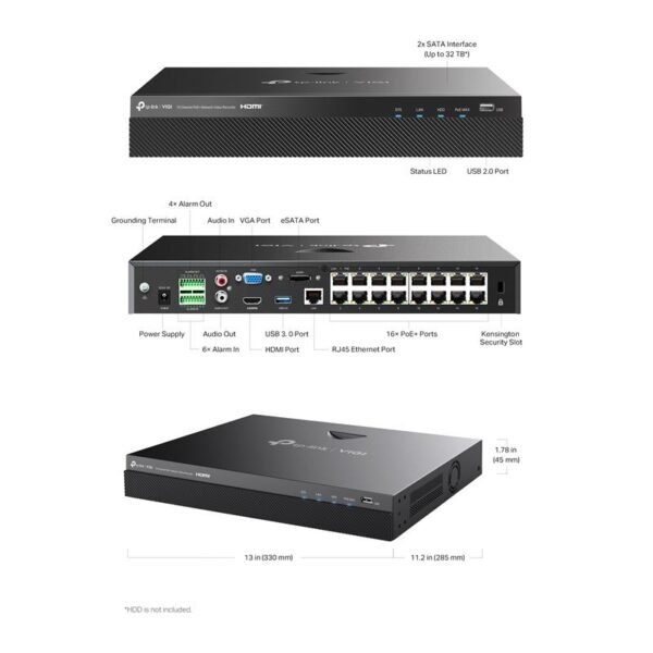 TP-LINK VIGI NVR2016H-16P V2 16 KANAL POE 4K 2 SATA H265+ ONVIF NVR KAYIT CİHAZI - Görsel 3