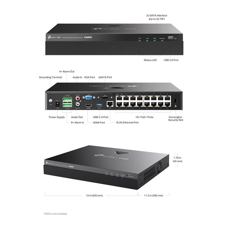 TP-LINK VIGI NVR2016H-16P V2 16 KANAL POE 4K 2 SATA H265+ ONVIF NVR KAYIT CİHAZI - Görsel 3