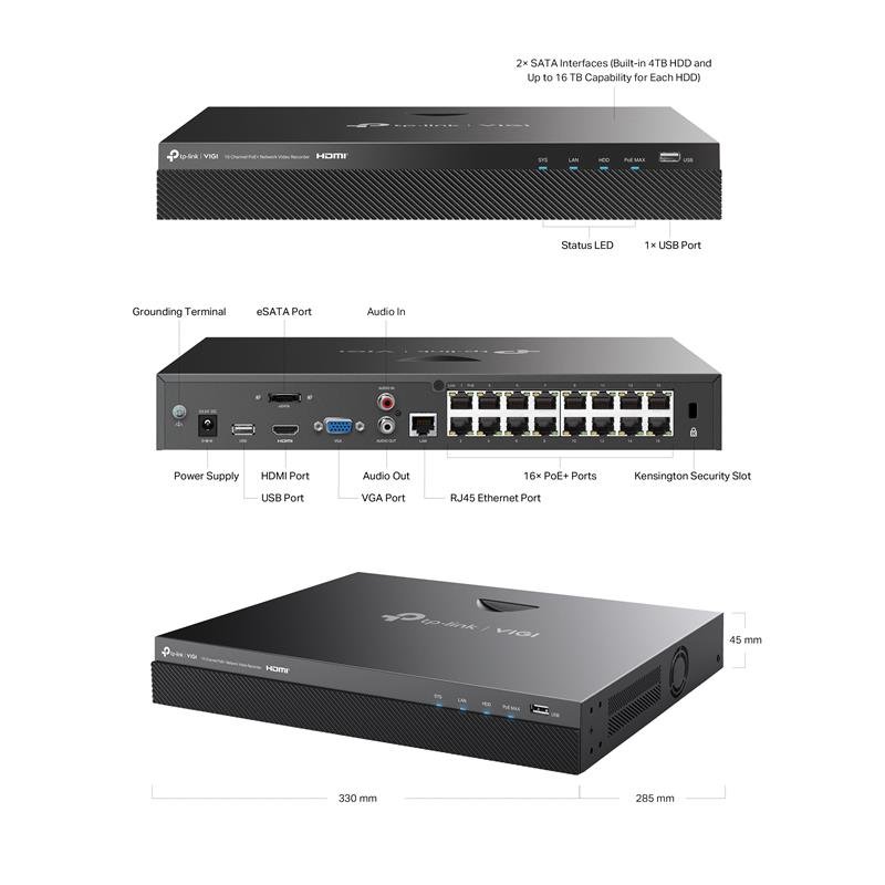 TP-LINK VIGI NVR2016H-16MP 16 KANAL 140W POE 4K 2 SATA H265+ ONVIF NVR KAYIT CİHAZI - Görsel 3