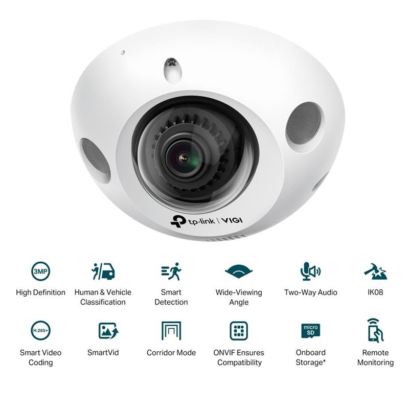 TP-LINK VIGI C230I MINI 3MP 2.8MM LENS 30 METRE IR LED İNSAN/ARAÇ ALGILAMA DAHİLİ MİKROFON DOME KAMERA - Görsel 3
