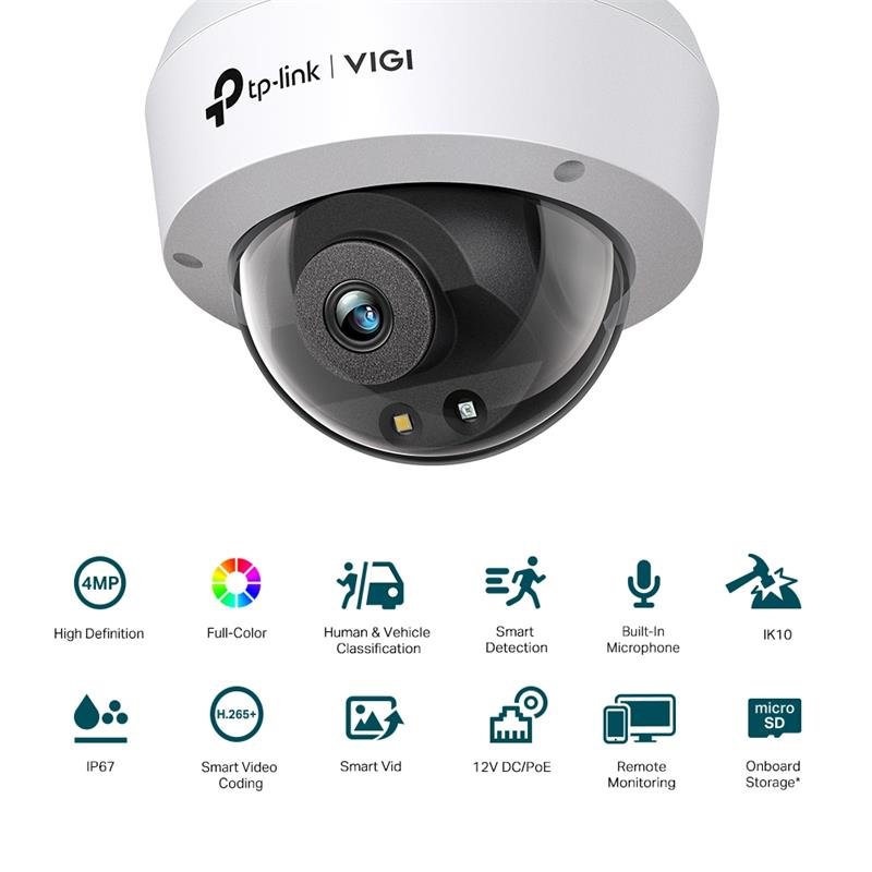 TP-LINK VIGI C240 4MP 4MM LENS 30 METRE 7/24 FULL COLOR İNSAN/ARAÇ ALGILAMA DAHİLİ MİKROFON DOME KAMERA - Görsel 3
