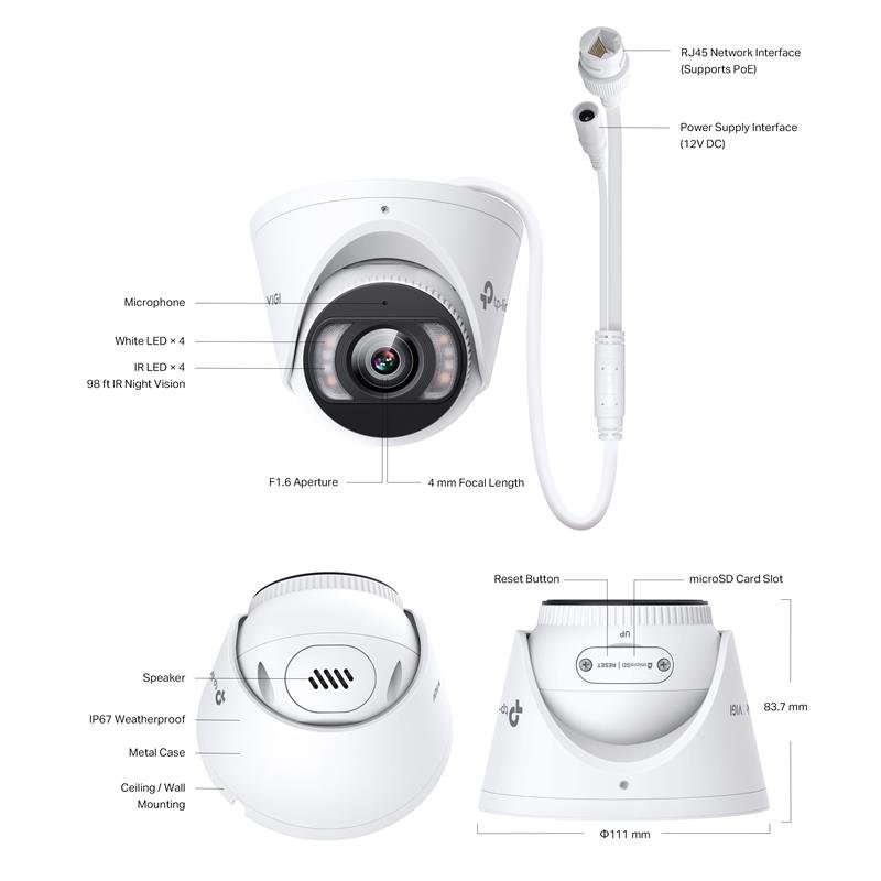 TP-LINK VIGI INSIGHT S485 8MP 2.8MM LENS 30 METRE 7/24 FULL COLOR İNSAN/ARAÇ ALGILAMA DAHİLİ MİKROFON IP67 DOME KAMERA - Görsel 6