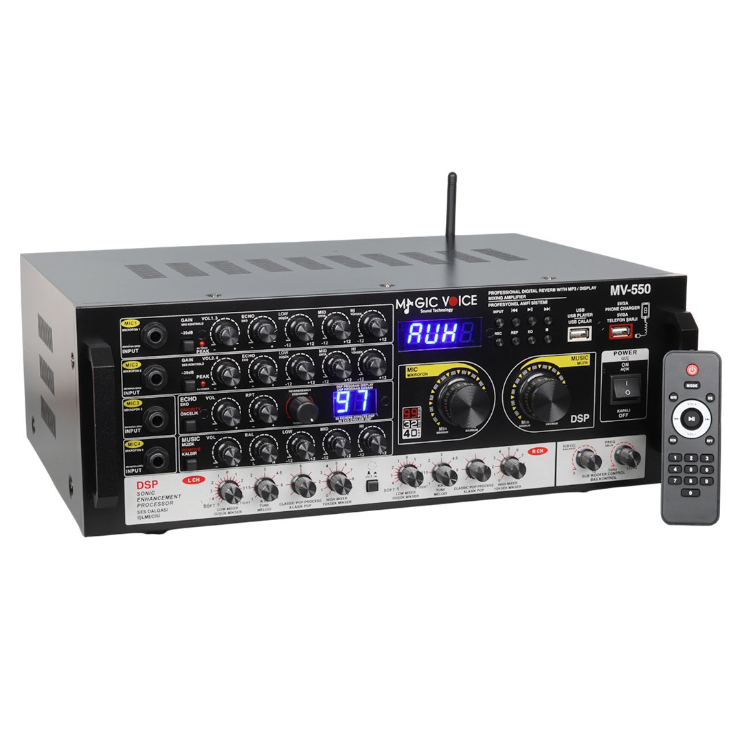 MAGICVOICE MV-550 2x100W USB SD Bluetooth 4 Mikrofon Girişli Stereo Mixer Anfi - Görsel 2