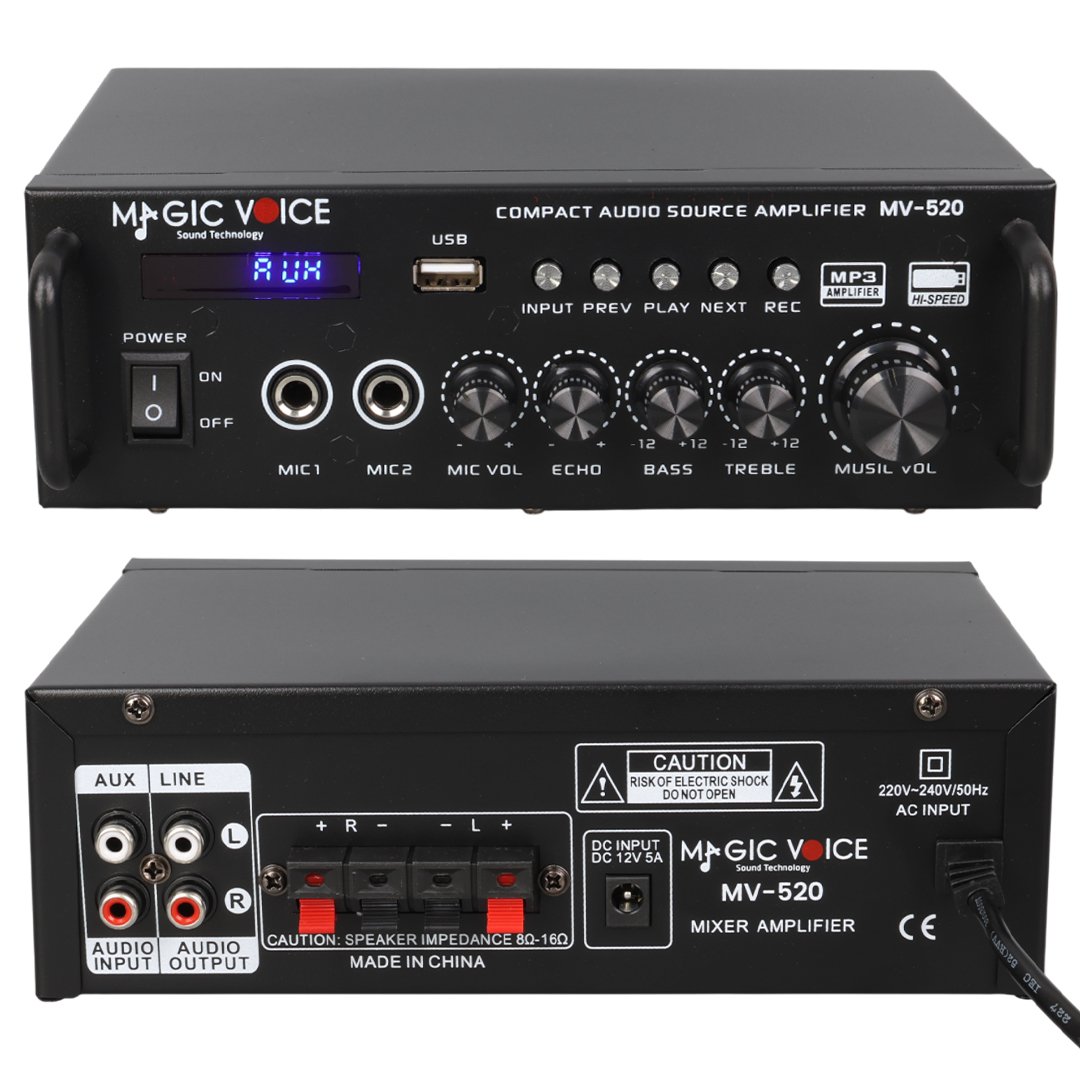 MAGICVOICE MV-520 2x30W 4-8 Ohm 220V-12V USB Bluetooth 2 Mikrofon Girişli Mini Anfi