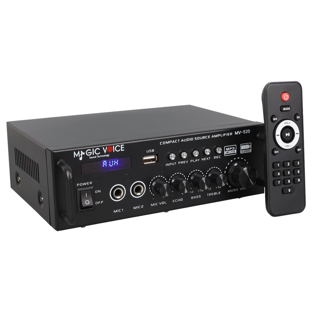 MAGICVOICE MV-520 2x30W 4-8 Ohm 220V-12V USB Bluetooth 2 Mikrofon Girişli Mini Anfi - Görsel 2