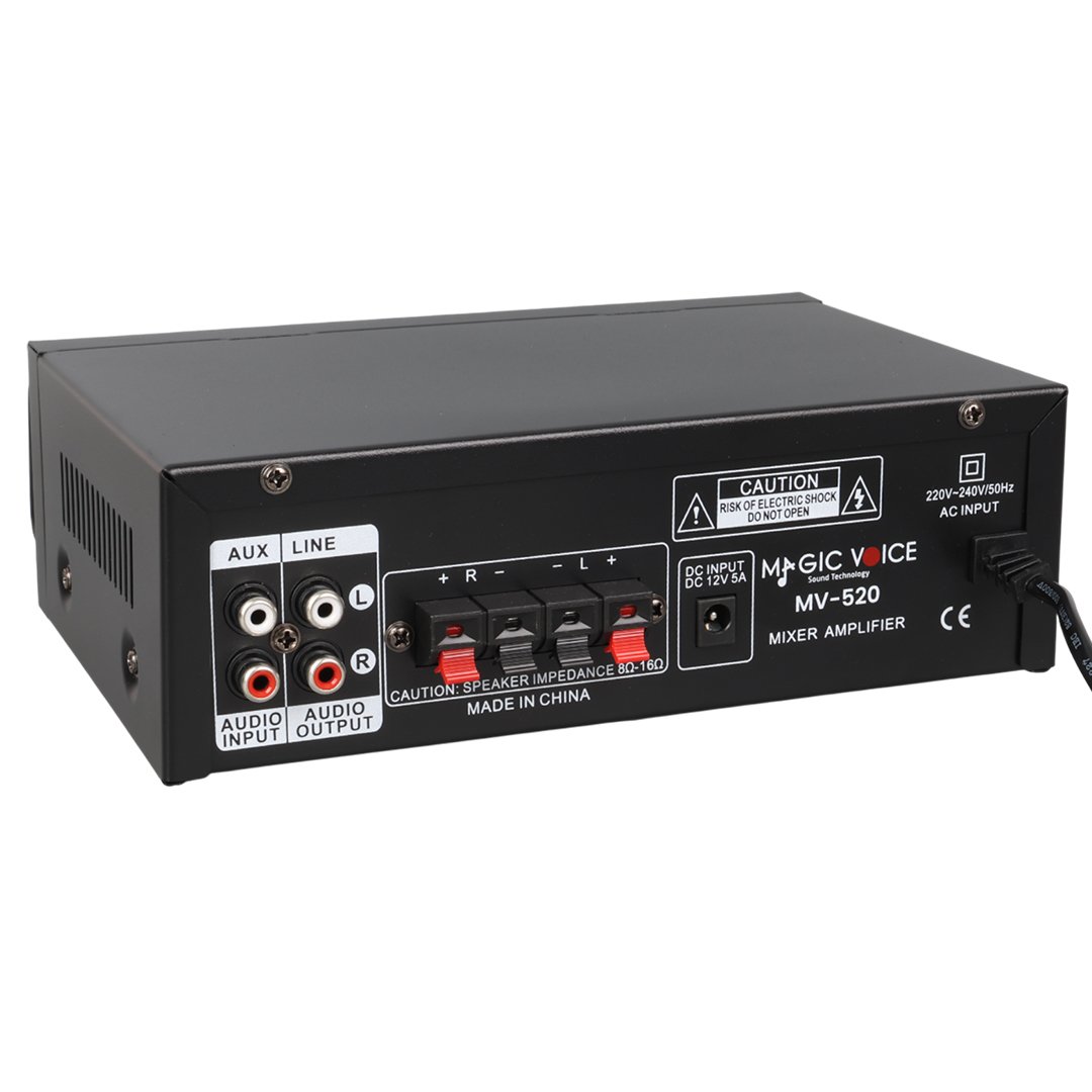 MAGICVOICE MV-520 2x30W 4-8 Ohm 220V-12V USB Bluetooth 2 Mikrofon Girişli Mini Anfi - Görsel 3