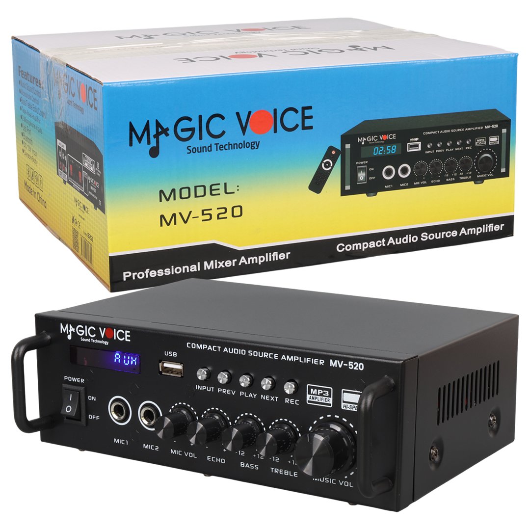 MAGICVOICE MV-520 2x30W 4-8 Ohm 220V-12V USB Bluetooth 2 Mikrofon Girişli Mini Anfi - Görsel 4