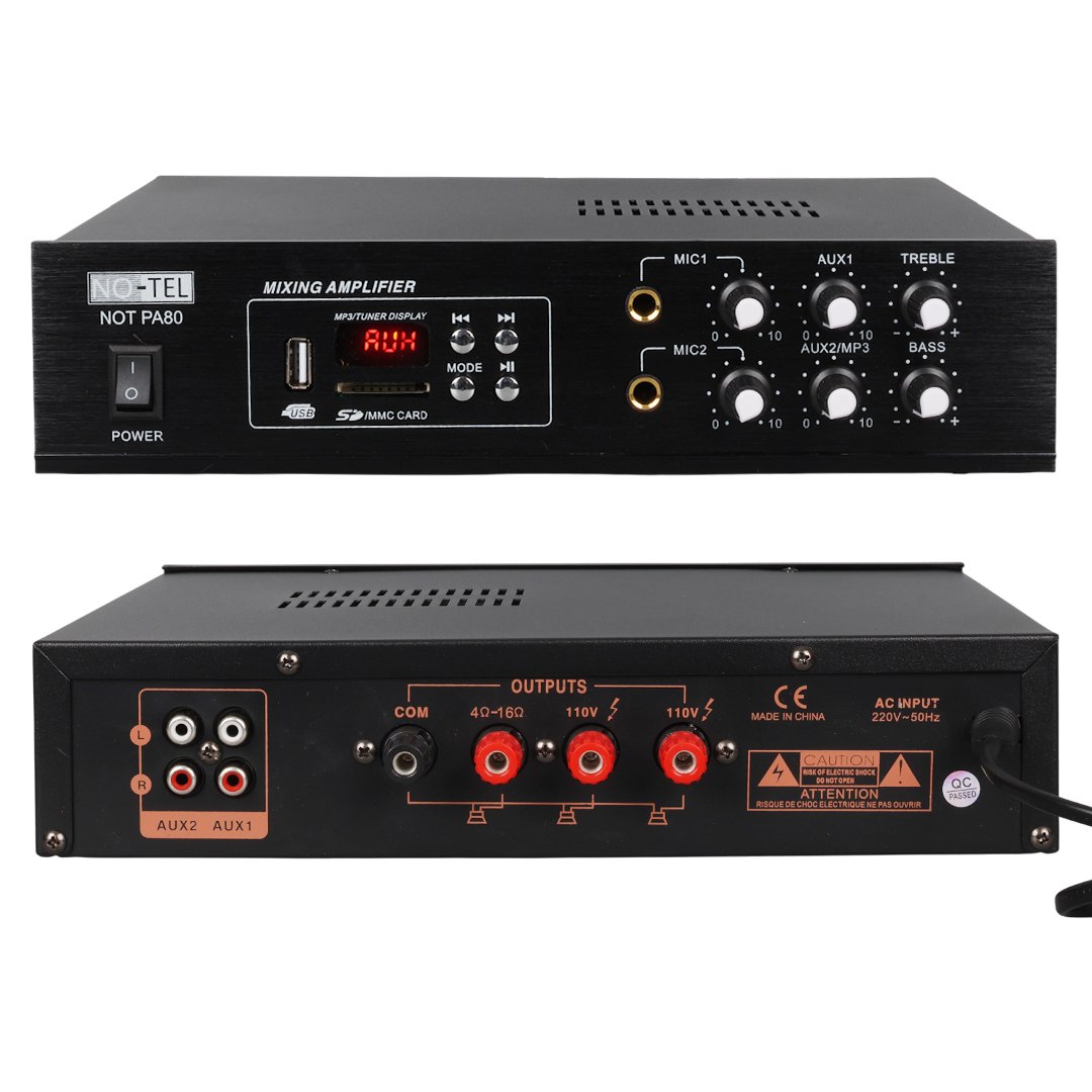 NOTEL NOT-PA80 MİNİ-50W USB/SD/BLUETOOTH/UK -4-16-70.100V-2-MİK GİRİŞ TRAFOLU ANFİ