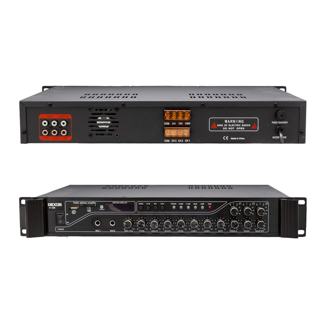 DEXUN D-230 250 WATT 3 ZONE İKİ MİK GİRİŞ USB-BT 4/16-70-100V HAT TRAFOLU ANFİ - Görsel 2