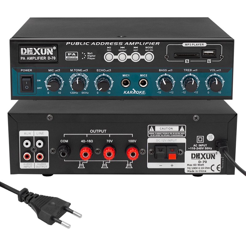DEXUN D-70 50 WATT 100V-70V 4-16 OHM USB-SD-AUX-BLUETOOTH DESTEKLİ HAT TRAFOLU ANFİ - Görsel 2