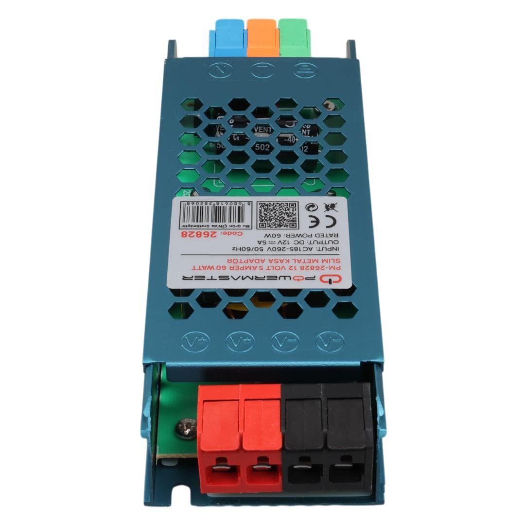 PowerMaster PM-26828 12 Volt 5 Amper 60 Watt Slim Metal Kasa Adaptör 140x50x23mm - Görsel 3