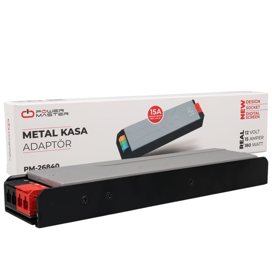 PowerMaster PM-26840 12 Volt 15 Amper 180 Watt Slim Metal Kasa Adaptör Voltaj Göstergeli 218x51x27mm - Görsel 3